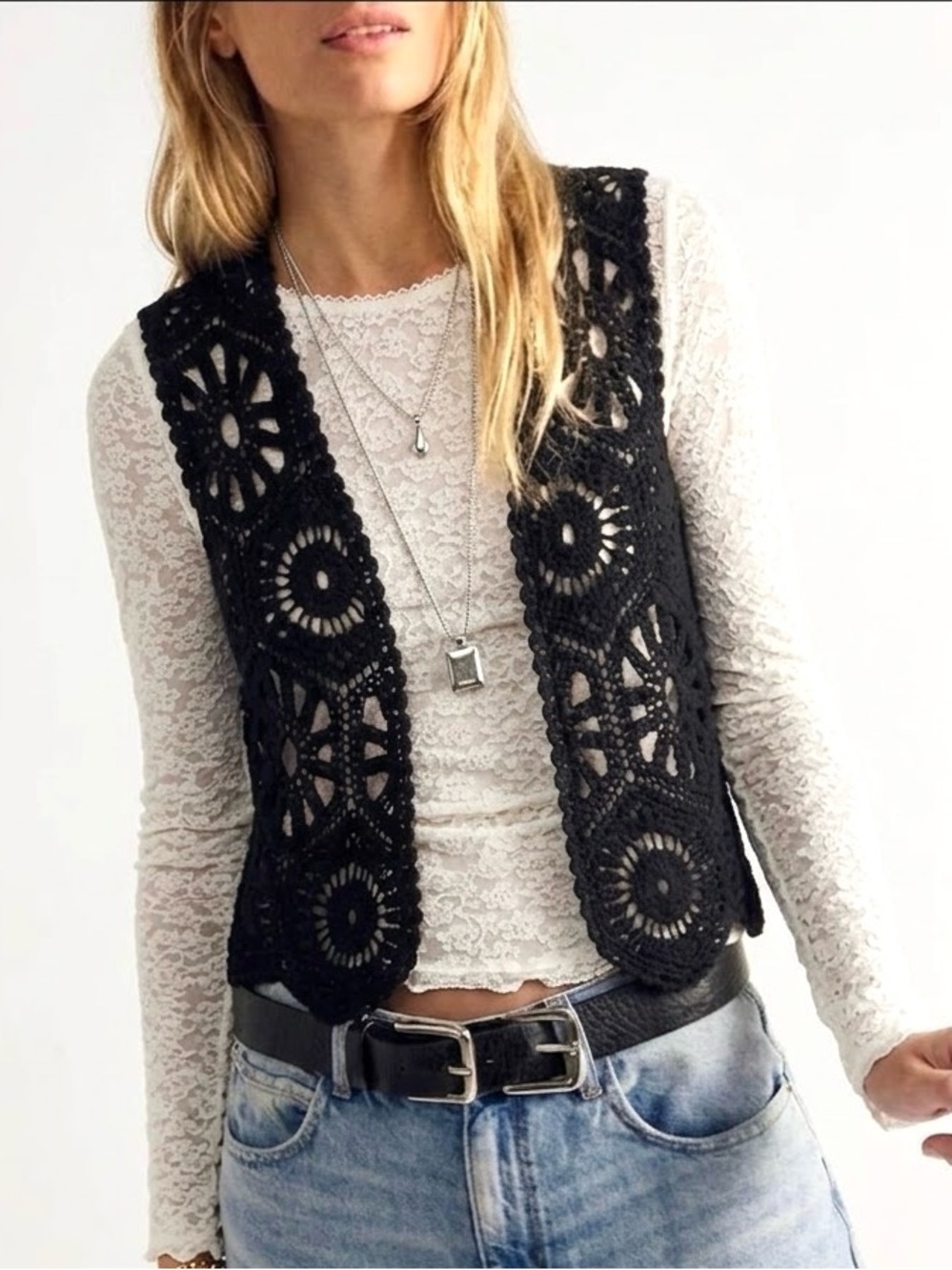 Black Crochet Knit Granny Square Patchwork Open Front Cardigan Vest Womens Small